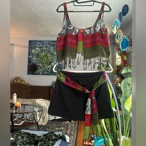 Handmade Festival Set Fringe Crop Top and Black Skirt Set - Pink, Green, Gray